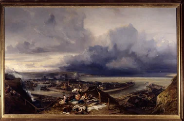 Widok na port Dieppe w Normandii Lavandieres pranie bielizny w dokach. Obraz Louisa Gabriela Eugene Isabeya (1803-1886) 1842 Nd. 1,64x2,51 m Nancy, musee des Beaux Arts