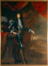 Portret u stóp Ludwika XIV (1638-1715) młodego w zbroi. Obraz przypisywany Louisowi Ferdinandowi Elle, staremu (1612-1689)