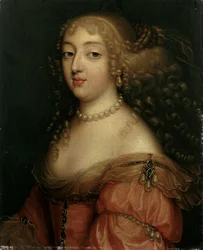 Portret damy, podobno Laura Mancini, Duchesse de Mercoeur, do biustu, w czerwonej sukience, z naszyjnikiem z pereł i kolczykami