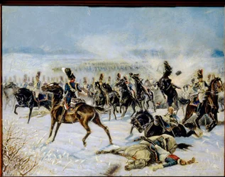 Bitwa pod Eylau, 20 lutego 1807 r. (Bitwa pod Preussisch Eylau 8 lutego 1807). Konfrontacja militarna między francuską Wielką Armią Napoleona I (1769-1821) a Imperium Rosyjskim. Praca Louis Ferdinand Malespina (1874-1940), olej na ca