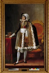 Portret u stóp króla Westfalii Hieronima Bonaparte (1784-1860). W kostiumie dowódcy Orderu Królewskiej Korony Wesfalii, ok. 1810 r. Obraz przypisywany Louisowi Francois Aubry (1767-1851) lub Francois Josephowi Kinsonowi (Kinsoen) (1770-1839).