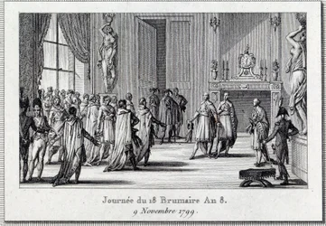 Konsulat: „” Napoleon Bonaparte (1769-1821) na spotkaniu Saint Cloud w dniu 18 brumaire (9/11/1799)” Zamach stanu 18 brumaire dokonany przez Napoleona Bonaparte w Radzie Pięciu centów (5 centów ) (pokój 500), chroniony przez grenadierów, kończy D