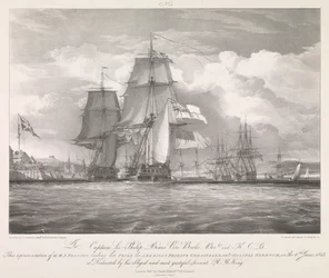 HMS "Shannon" prowadzący amerykańską fregatę "Chesapeake" (1806) do portu Halifax w Nowej Szkocji 6 czerwca 1813 r., ok. 1815 r. (litografia)