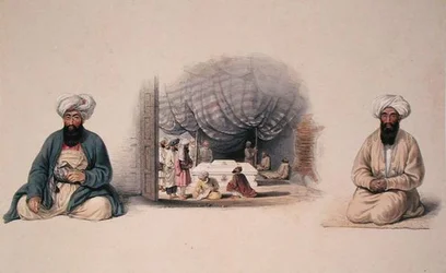 Khan Shereen Khan i Hagee Khan Kaiker flankujące widok wnętrza grobowca Dosta Mohameda, z „Postaci i kostiumów z Afganistanu” napisanej przez kapitana Lockyera Willisa Harta, opublikowane 1843 (kolor litho)