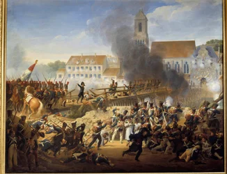 Przechodząc przez most Landshut 21.04.1809, generał Mouton kierował grenadierami 17 Pułku Linii Malarstwo Louisa Hersenta (1777-1860)