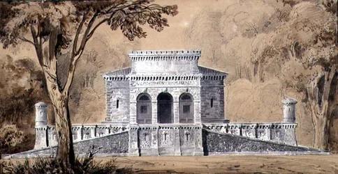 Widok Gendarmerie Imperiale, ok. 1825 (pióro i atrament oraz pranie na papierze)