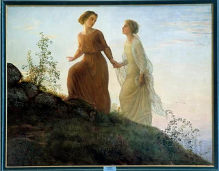 Wiersz duszy; Na górze młoda kobieta w towarzystwie muzy wspina się na górę w lirycznej atmosferze. Obraz Louisa Janmota (1814-1892) XIX wiek. Lyon, Musee Des Beaux Arts - Poemat duszy - Na górze: akomodacja młodej kobiety