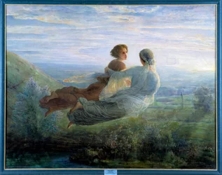 Wiersz duszy; Lot duszy, młoda kobieta uniesiona w powietrzu nad zielonym pejzażem w towarzystwie muzy w lirycznej atmosferze. Obraz Louisa Janmota (1814-1892) XIX wiek. Lyon, Musee Des Beaux Artsv- Poemat duszy: t