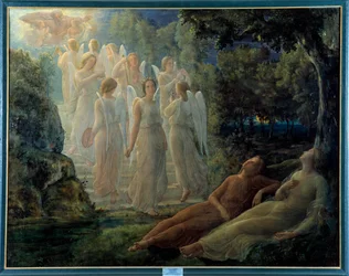 Wiersz duszy; Złota drabina, scena ma klimat liryczny, zaludniona aniołami i postacią Boga. Obraz Louisa Janmota (1814-1892) XIX wiek. Lyon, musee des Beaux Arts - Poemat duszy: złota drabina, scena z liryką