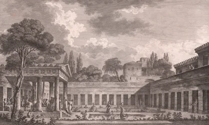 Idealna rekonstrukcja Willi Diomedesa w Pompejach do stanu sprzed erupcji Wezuwiusza w 79 rne, Kampania, Włochy, akwaforta wg rysunku Louisa Jeana Despreza (1743-1804), ok. 21x34 cm