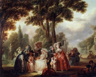 Zmontowany w parku Zjazd światowych szlachty w ogrodzie. Obraz Louisa Josepha Watteau dit Watteau de Lille (1731-1798). 18 wiek. Paryż. Musee Cognacq Jay