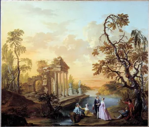 Tribute to Love Romantyczna scena w krajobrazie starożytnych ruin o zmierzchu. Obraz Louis Joseph Watteau dit Watteau de Lille (1731-1798)