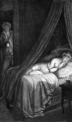 Niebezpieczne linki Choderlos de Laclos (list 96). Valmonta i Cecile de Volanges. Ilustracja grawerowana przez Masqueliera według Mademoiselle Gérard.