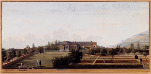 Widok na Longwood na wyspie Świętej Heleny, gdzie mieszkał Napoleon Bonaparte (1769-1821) na wygnaniu Akwarela Louisa Marchanda (1791-1876) 1820 Słońce 0,27 x 0,57 m Malmaison, muzeum zamkowe
