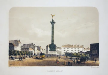 Column de July (Place de la Bastille), Paryż. Litografia akwarela, ilustracja Arnout, w „Albumie, pamiątki z Paryża”, redaktor Daziaro, Paryż