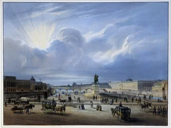 Widok ogólny Luwru i pomnika Henryka IV - w „Paryżu en 1837” autorstwa Arnout