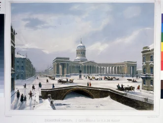 Sobór Kazański w Sankt Petersburgu. Litografia Louisa Julesa Arnouta (1814-1868), kolorowana akwarelą, ok. 1840 r. Sztuka francuska, klasycyzm. Muzeum Pamięci A. Puszkina, Sankt Petersburg.