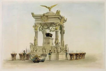 Trumna Napoleona I Bonaparte (1769-1821) w kościele Invalides (Paryż, Francja). (Trumna Napoleona w kościele w Les Invalides). Praca Louisa Julesa Arnouta (1814-1868), litografia i akwarela. XIX-wieczna sztuka francuska, klasycyzm.