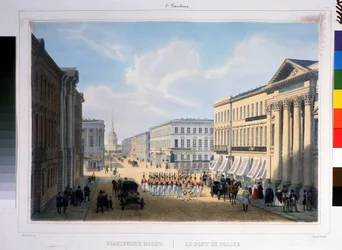 Most Policyjny w Sankt Petersburgu, widziany z Newskiego Prospektu z Pałacu Stroganowa. Litografia Louis Jules Arnout (1814-1868), kolorowa