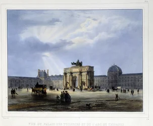 Pałac Tuileries i Łuk Triumfalny du Carrousel - w „Paryżu en 1837” autorstwa Arnout
