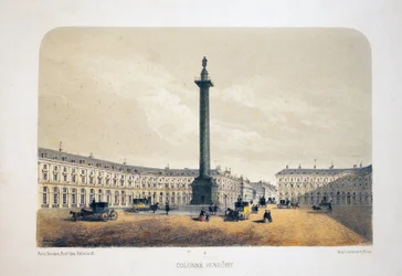 Kolumna Vendome, Paryż. Litografia akwarela, ilustracja Arnout, w „Albumie, pamiątki z Paryża”, redaktor Daziaro, Paryż