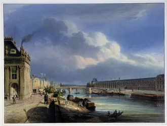 Widok na Pont du Carrousel i Grand Galerie du Louvre - w "Paris en 1837" autorstwa Arnouta