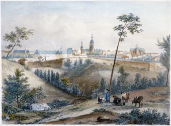 Bouvier na bretońskiej wsi (Dinan w oddali) - litografia Jacotteta i Benoista