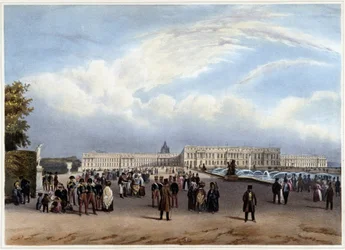 Widok ogólny fasady Château de Versailles – w „Promenade dans Paris et ses environs”, projektu Jacotteta i Benoista, ok. 1930 r. 1840