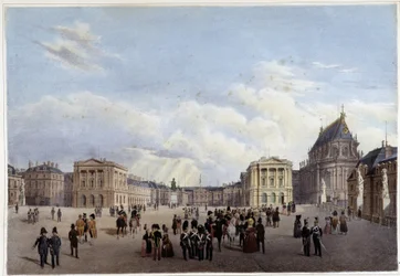Dziedziniec główny Pałacu Wersalskiego - w „Spaceru po Paryżu i okolicach””, proj. Jacottet i Benoist, ok. 1930 r. 1840