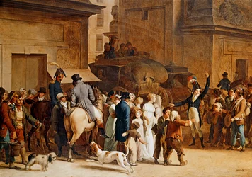 Wyjście rekrutów z Porte Saint Denis w Paryżu do walki w wojnach napoleońskich (obraz na płótnie)