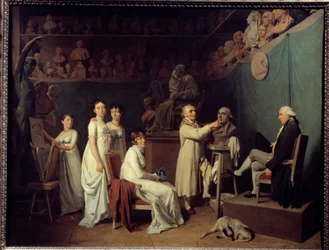 Warsztat rzeźbiarza Jeana Baptiste Houdona (1741-1828). Modelem rzeźbiarza był matematyk Pierre-Simon Laplace (1749-1827) markiz de Laplace w obecności żony i córek. Obraz Louisa Leopolda Boilly