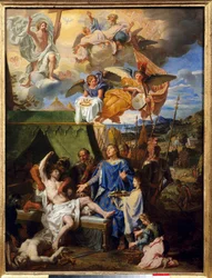 Thaumaturgie: „” Król Ludwik IX (1214-1270) (Saint Louis) walczący z ecrouelles ”” Obraz Louisa Licherie De Beury (1629-1687) Niedz. 0,79 x 0,58 m Rouen, Musee Des Beaux Arts