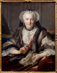 Portret pukającej Madame Dange Jest żoną generała rolnika F. B. Dange du Fay - Obraz Louisa Tocque (1696-1772) 1753 nd. 0,83x0,63 m - Portret Anne Jarry, Madame Dange (w 1721 wyszła za mąż za Francois Balthazara Dange du Fay (1696-1777)