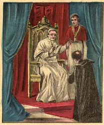 Louis-Gaston de Segur (Louis Gaston de Segur) (1844-1879) francuski biskup w Watykanie przed papieżem Piusem IX (Pius IX) - - Grawerowanie z „”Nauczanie religii oczami. Cudowny album” Louisa Maitrejeana i Georgeta Ramonda - Francja 1910