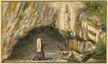 Objawienie Najświętszej Maryi Panny w Lourdes - Matka Boża ukazuje się Bernadetcie Soubirous (1844-1879) w Lourdes w 1858 r. - - Grawerowanie z „” Nauczanie religii oczami. Cudowny album” Louisa Maitrejeana i Georgeta Ramonda - Francja 1910
