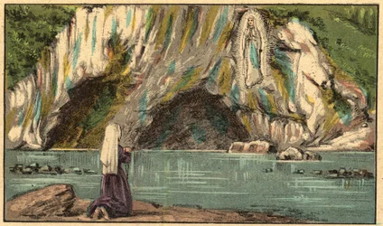 Objawienie Dziewicy Maryi w Lourdes - Matka Boża ukazuje się Bernadetcie Soubirous (1844-1879) w Lourdes w 1858 r. - - Grawerowanie z „” Nauka religii oczami. Cudowny album” Louisa Maitrejeana i Georgeta Ramonda - Francja 1910