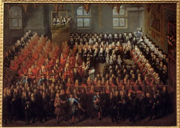 Łoże sprawiedliwości przetrzymywane przez Ludwika XV (1710-1774) w Wielkiej Izbie Parlamentu Paryskiego w celu złamania woli Ludwika XIV (1638-1715)