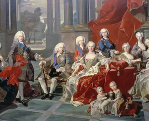 131 0794093/1 Rodzina Filipa V z Hiszpanii (1683-1746) szczegół przedstawiający króla, jego drugą żonę Elżbietę Farnese i przyszłego Ferdynanda VI