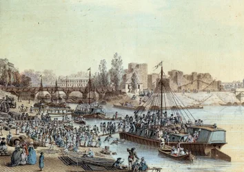Wysyłka Statkiem załadowani pasażerowie przybywający do doku. Rysunek Louis de Lespinasse (1734-1808) 1782. Paryż, Musee Carnavalet