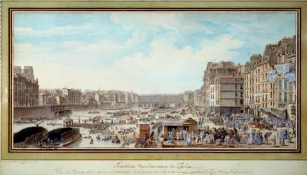 Widok portu na wieloryba z ówczesnej starej Marche aux veaux w kierunku mostu Notre-Dame w Paryżu Akwarela Louisa Nicolasa de Lespinasse (1734-1808). 1782. Paryż, Musee Carnavalet
