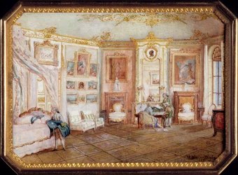 Wieko tabatiere Aleksandra Leferre (ok. 1806-ok. 1838) dekorator miniaturowego obrazu Louisa Nicolasa Van Blarenberghe (1716-1794) przedstawiającego pokój za Ludwika XV. Około 1770 r. Słońce 0,02x0,08x0,06 m Paryż, musee du Louvre