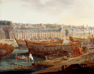 Stocznia: „”Port Brześć”” Szczegół. Obraz Louis Nicolas van Blarenberghe (1716-1794) 1774 Brest, Musee des Beaux Arts