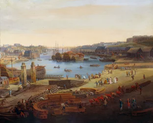 Stocznia: „”Port Brześć”” Szczegół. Obraz Louis Nicolas van Blarenberghe (1716-1794) 1774 Brest, Musee des Beaux Arts