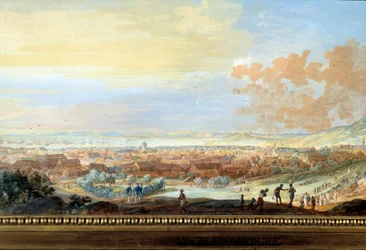 Widok na miasto Cap francais (Cap de la Republique) widok ze wzgórza w Santo Domingo Szczegóły. Obraz Louis Nicolas Van Blarenberghe (1716-1794) 1779 La Rochelle, Muzeum Nowego Świata.