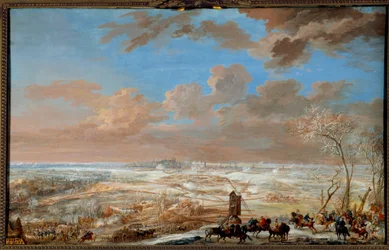 Wojna o sukcesję austriacką (1741-1748): „”Oblężenie Brukseli pod śniegiem przez marszałka Saksonii od 7 do 20 lutego 1746””Gwasz Louis Nicolas Van Blarenberghe (1716-1794) 1781 nd. 0,59x0,94 m Wersal, muzeum zamku