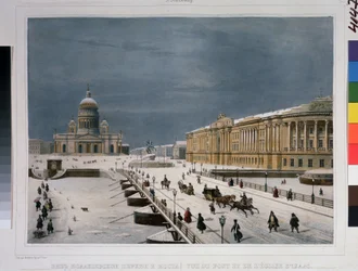 Sobór św. Izaaka i Plac Senacki w Sankt Petersburgu. Rysunek Louis Pierre Alphonse Bichebois (Louis-Pierre-Alphonse) (1801-1850). Litografia barwiona akwarelą,