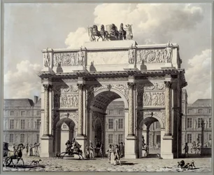 Widok na łuk triumfalny karuzeli w Paryżu. Rysunek piórem i tuszem z wash przez Pierre Louis Balard (1764 - 1846)