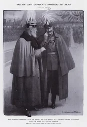 Król Edward VII przebrany za pułkownika pruskich dragonów i cesarz Wilhelm II przebrany za brytyjskiego feldmarszałka (lito)