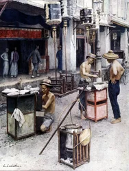 Mobilne restauracje w Chinatown w Singapurze. Ilustracja: L. Sabatier. 19 wiek.