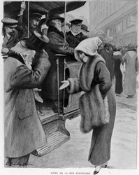 Uprzejmość: Scena z paryskiej ulicy - Galenterie minionych lat w dzisiejszym Paryżu. Stary mężczyzna i młoda kobieta na przystanku autobusowym. Ilustracja Sabatiera. b.d. 1910.